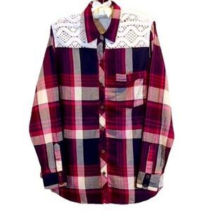 LUCKY Brand Lace Yoke Button-Down Blouse  Pink and Navy Blue Plaid Size Medium